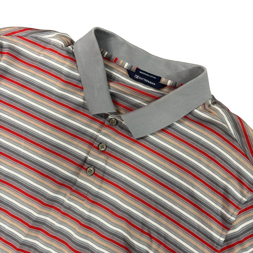 CUTTER & BUCK Mens XL Polo Gray Red Striped Mercerized Cotton Golf Like NEW